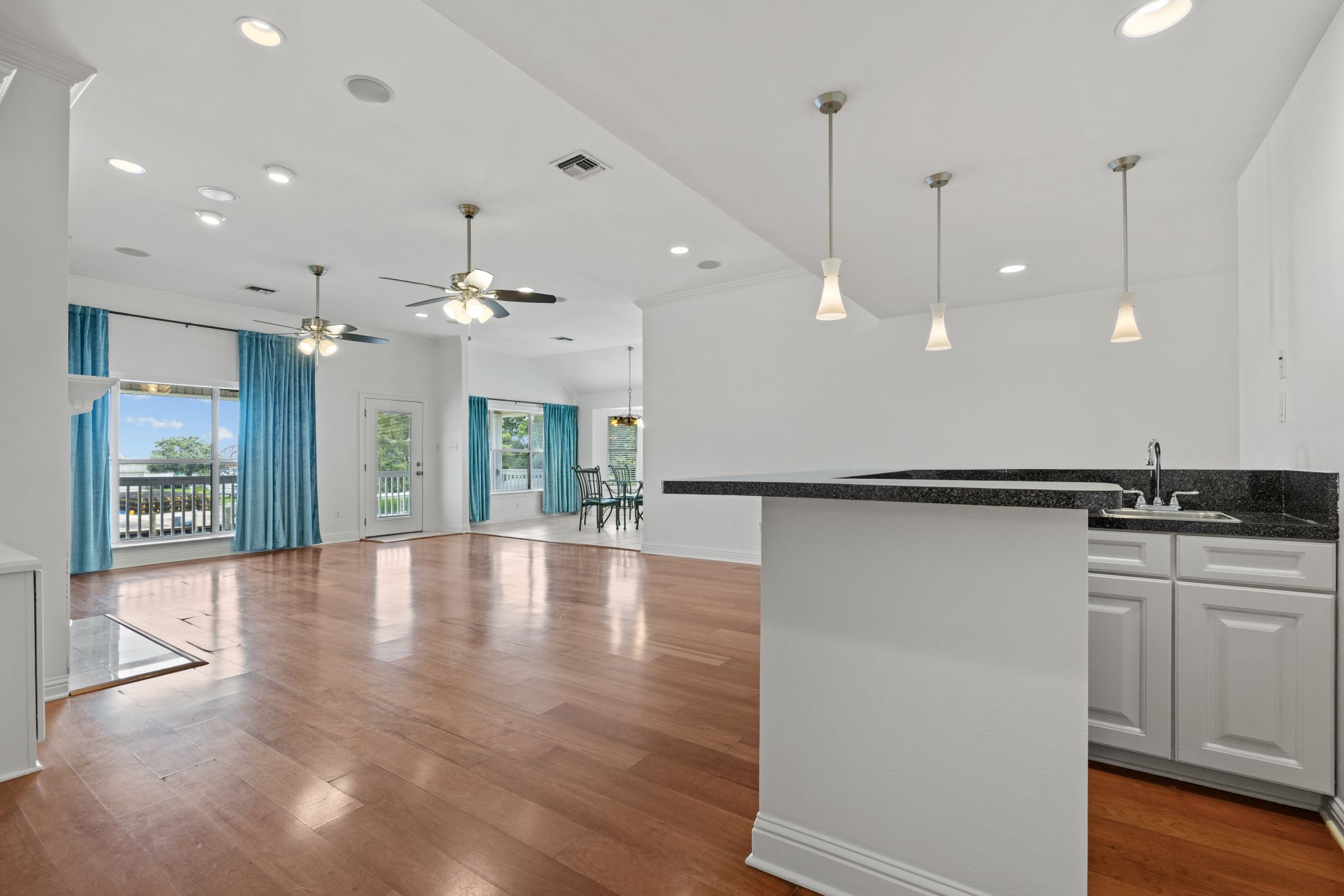 Open living space with water views through the rear windows